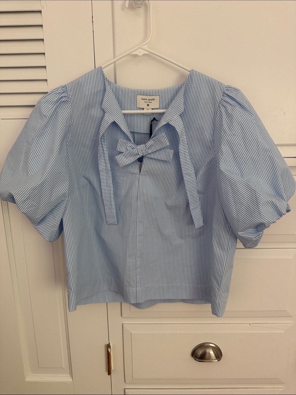 kate spade Blue & White Pinstripe Puff-Sleeve Bow Top